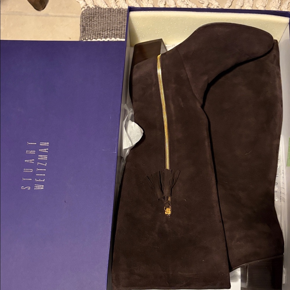 Stuart Weitzman Dark Brown Suede Boots with Gold Accent